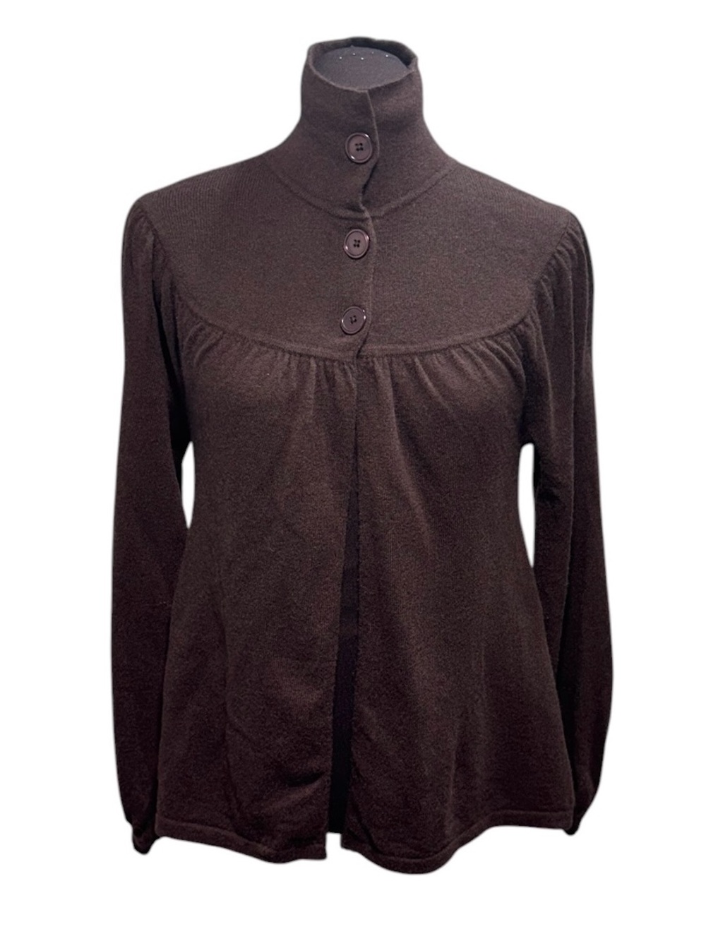 Kenar 100% Cashmere Open Front Mock Neck Button Sweater Cardigan Chocolate M